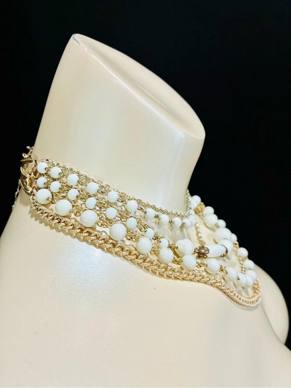 Signed Multi-Strand White Bead and Gold Chain Statement Necklace MCM Retro EUC